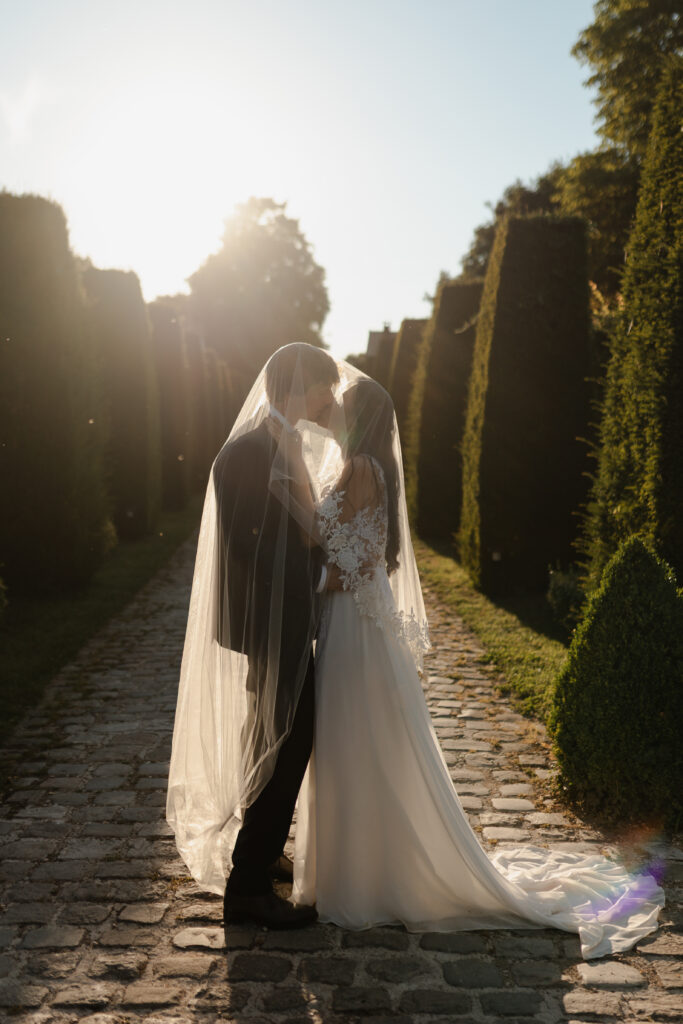 Silhouette artistique mariés sous le voile en contre-jour, photo mariage Domaine de Vaugency.