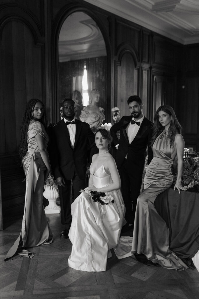 Portrait de groupe artistique mariés et témoins en noir et blanc, photo mariage Château de Vitry-la-Ville.