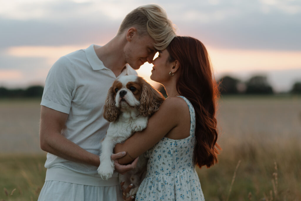 Portrait rapproché d'un couple front contre front, souriant profondément l'un à l'autre. Le coucher du soleil passe entre eux, créant un flare lumineux. Ils tiennent leur chien Cavalier King Charles dans les bras au milieu de hautes herbes dorées à Prunay, près de Reims.