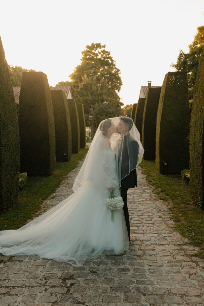 Silhouette artistique des mariés sous le voile en contre-jour au Domaine de Vaugency.