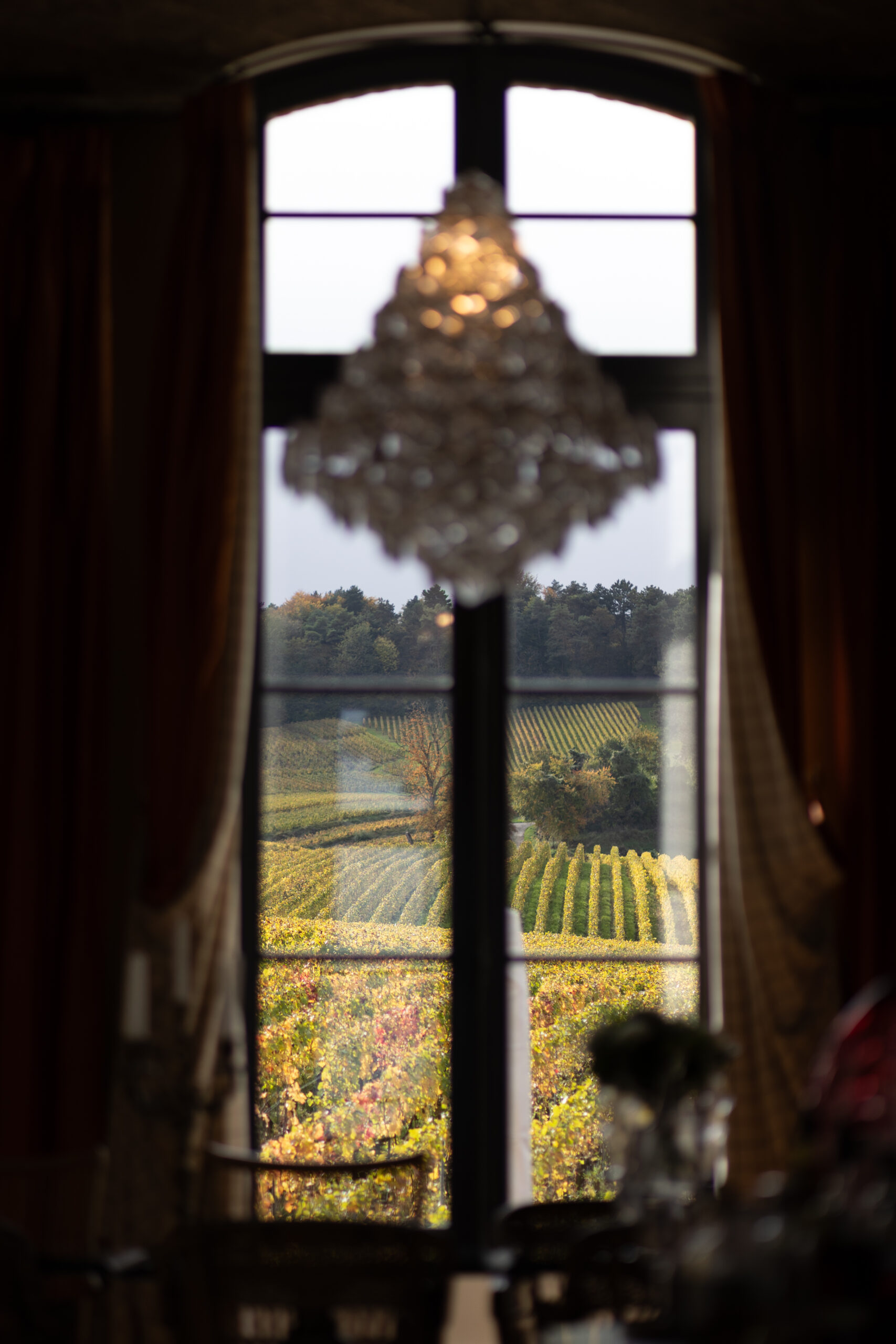 Photographie artistique au Château de Sacy à Sacy, près de Reims. Au premier plan, un lustre en cristal flou encadre une fenêtre ouvrant sur une vue nette des vignobles champenois.