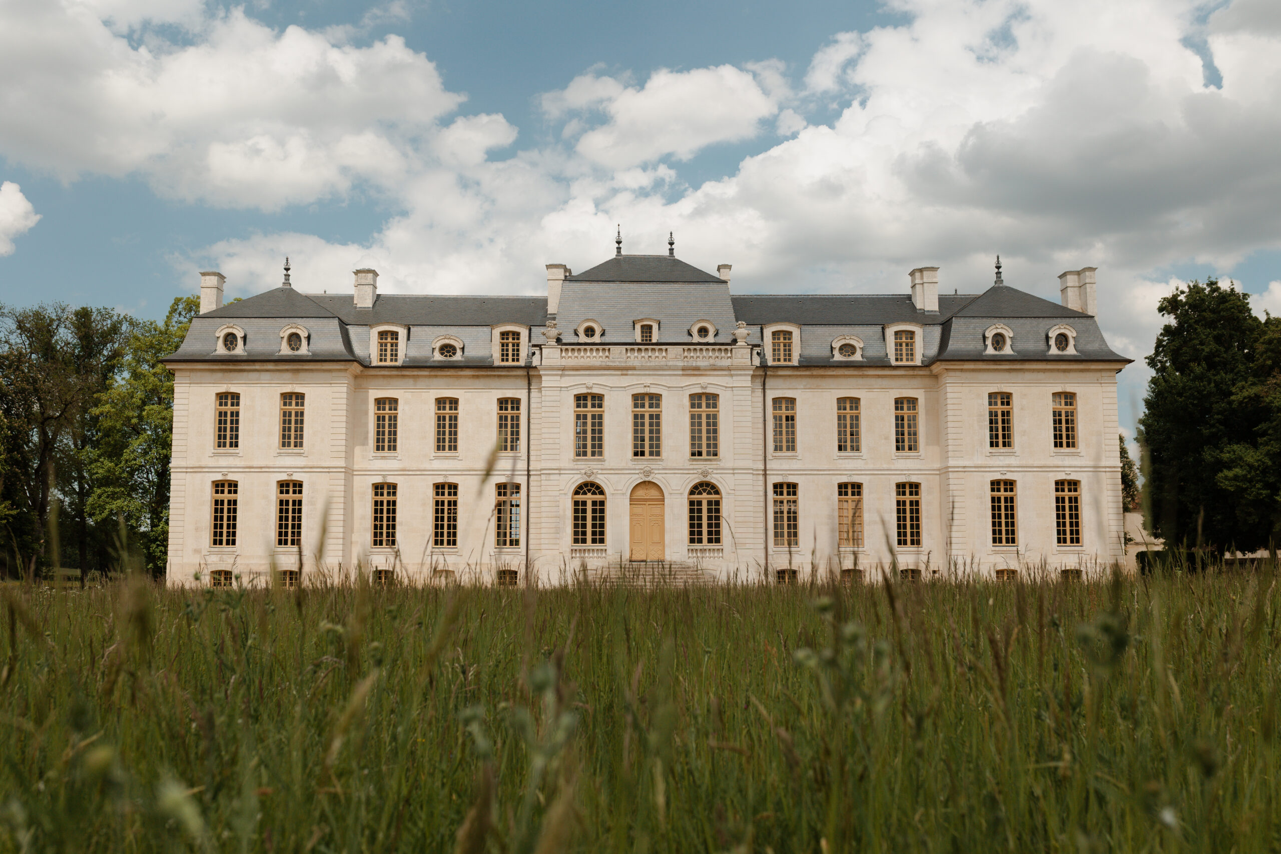 Façade arrière du Château de Vaux photographiée à travers les hautes herbes du parc.