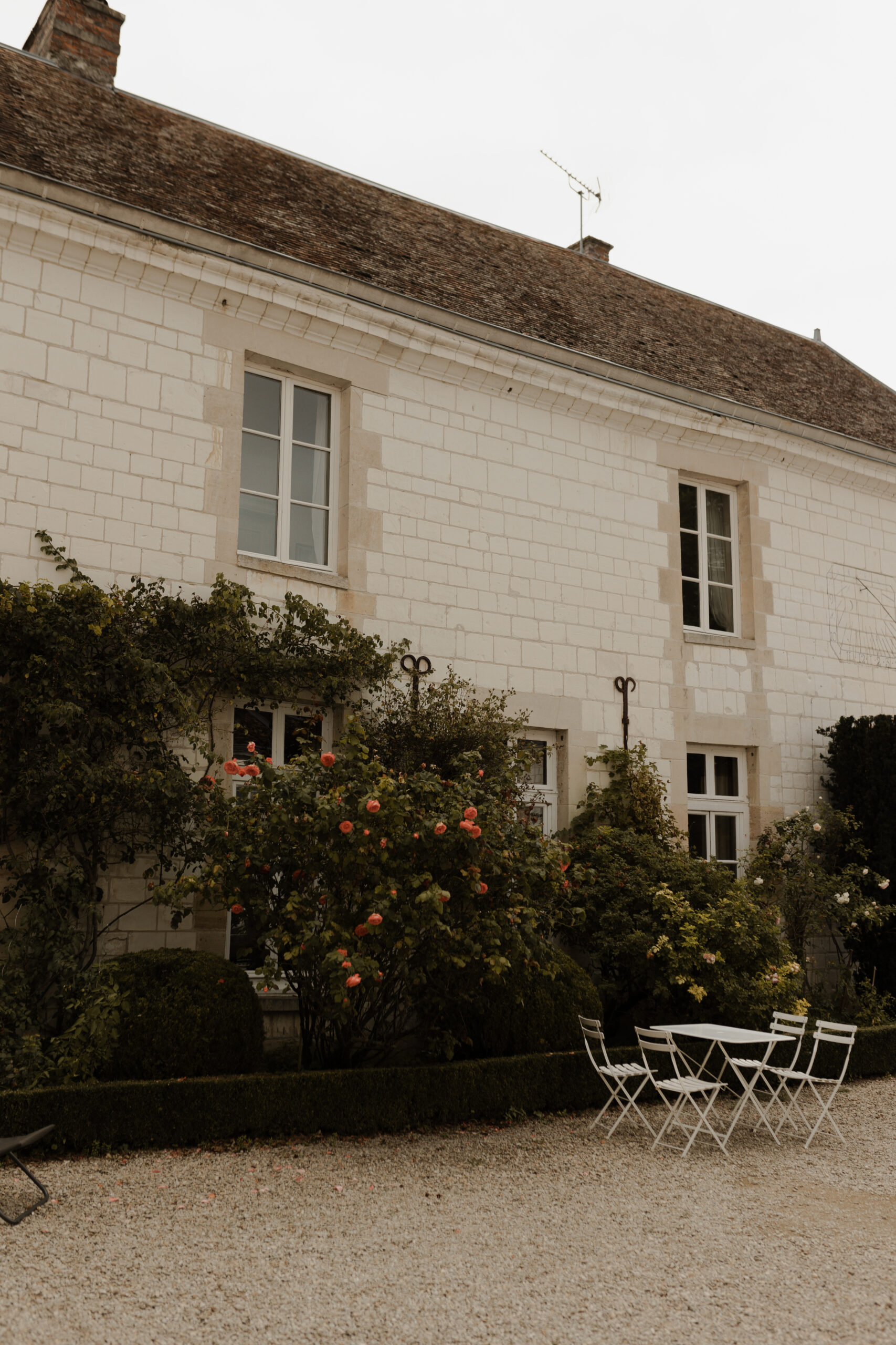 Aile du Château de Juvigny avec un grand buisson de fleurs roses grimpantes sur la façade.