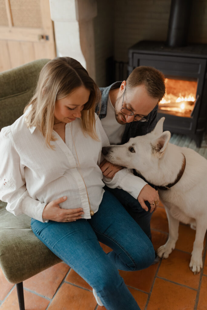Gros plan : un chien pose son museau sur le ventre de grossesse de sa maîtresse, scène attendrissante.