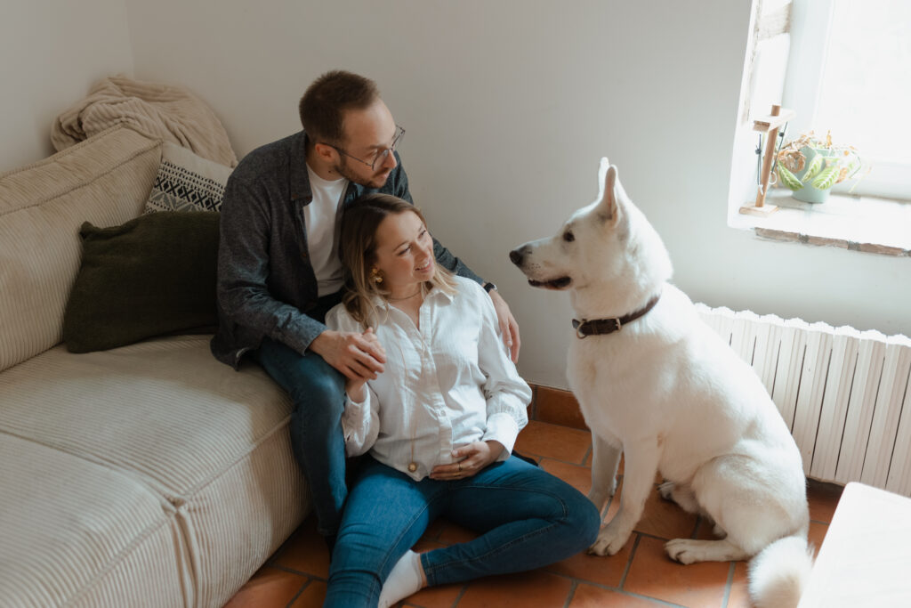 Future famille de trois regardant leur chien avec tendresse dans un salon à Reims.